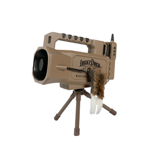 Lucky Duck REVOLT 2.0 E-Caller with a tripod stand on a white background